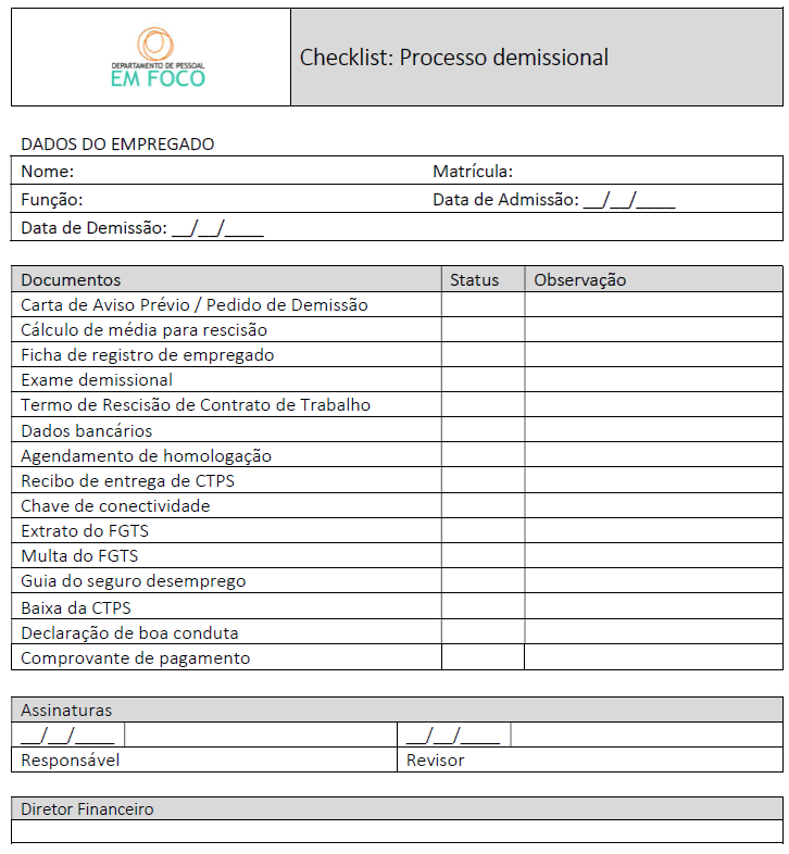 Modelo De Checklist Processo Demissional Departamento De Pessoal Em Foco Departamento De 2556